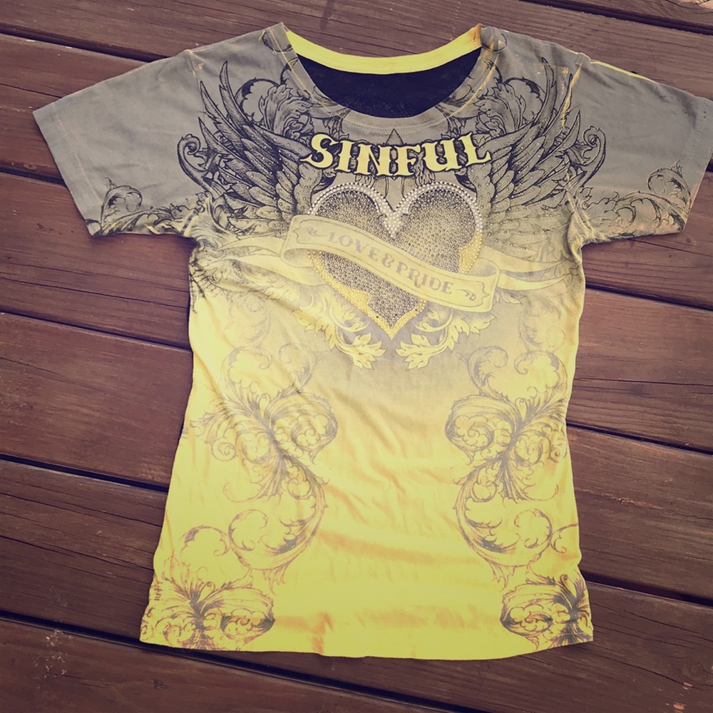 Sinful Yellow Tee With Rhinostones